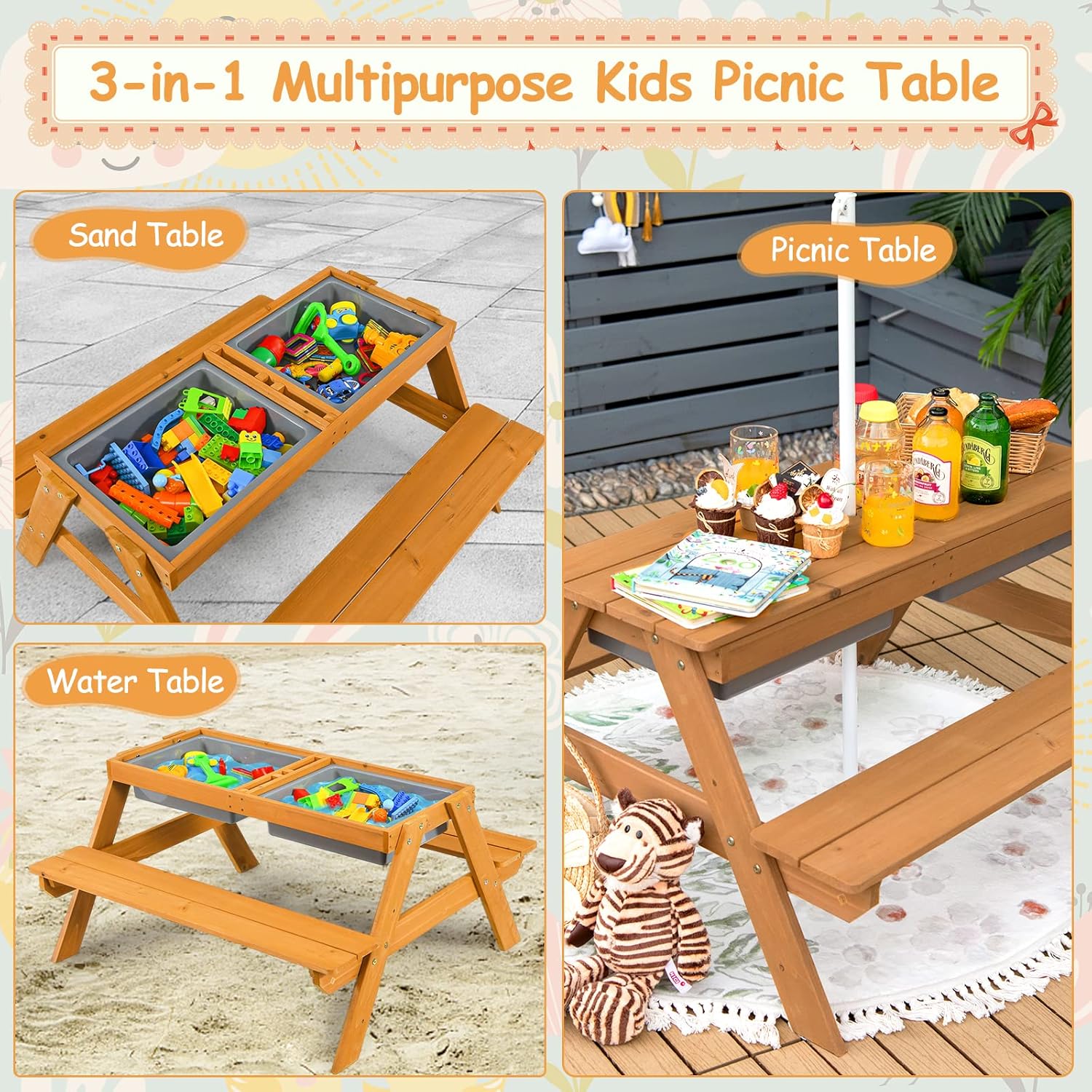 4in1 Cedar Kids Picnic Table w - огляд і ціна Kids Outdoor Table With Umbrella