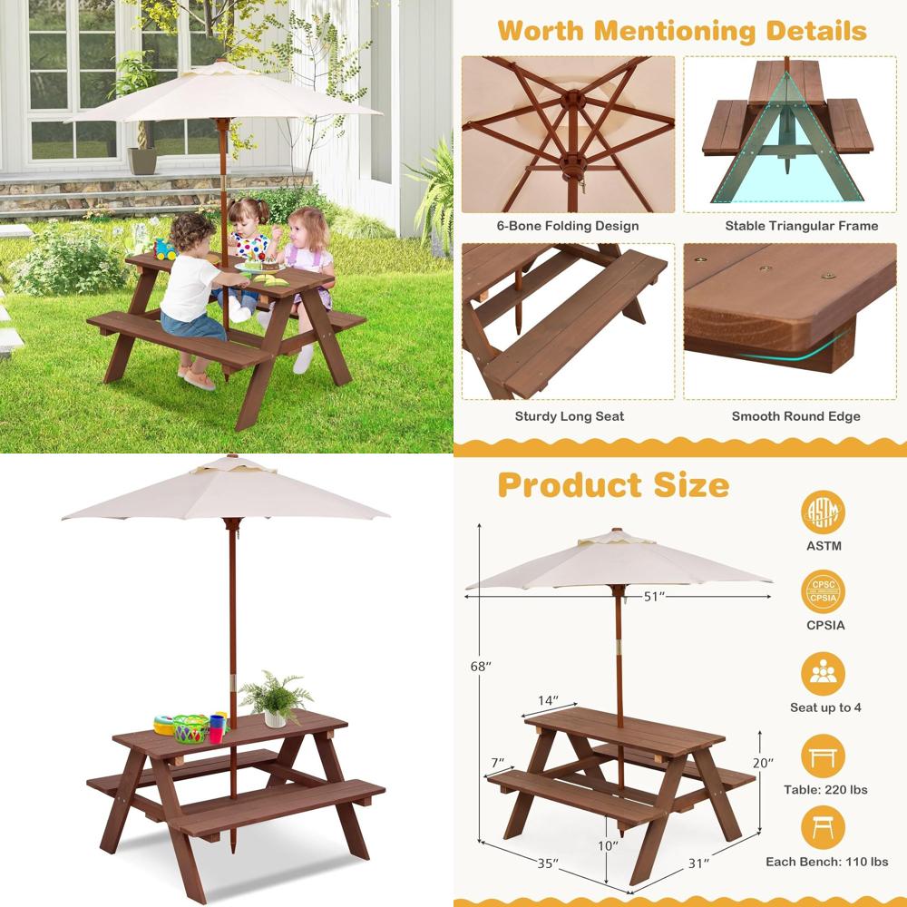 Durable Wooden Kids Picnic Tab - огляд і ціна Kids Outdoor Table With Umbrella